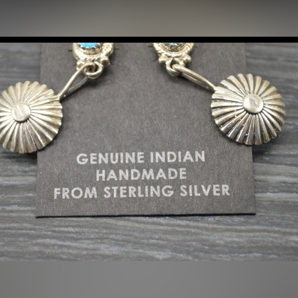 Vintage Native American turquoise sterling silver concho shield earrings - Picture 2 of 4